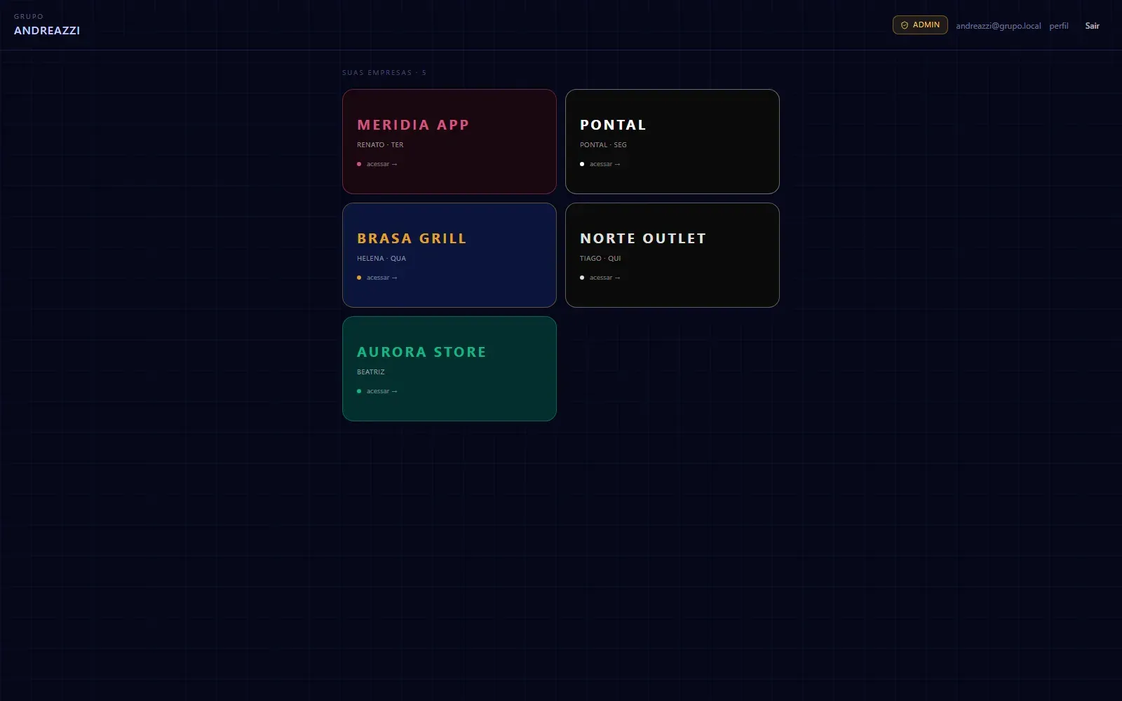 Grupo Andreazzi — multi-company back office with a WhatsApp bot